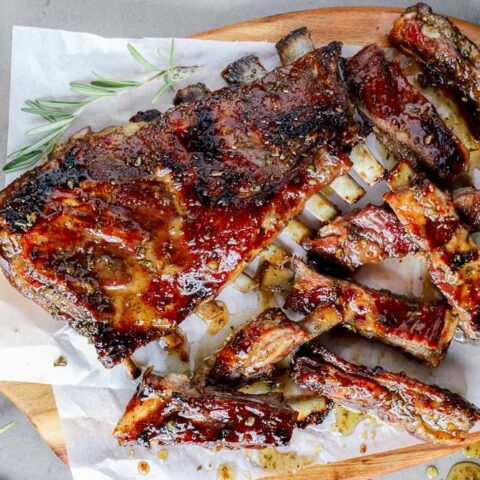 Denver style lamb ribs cooked in oven and finished on grill.