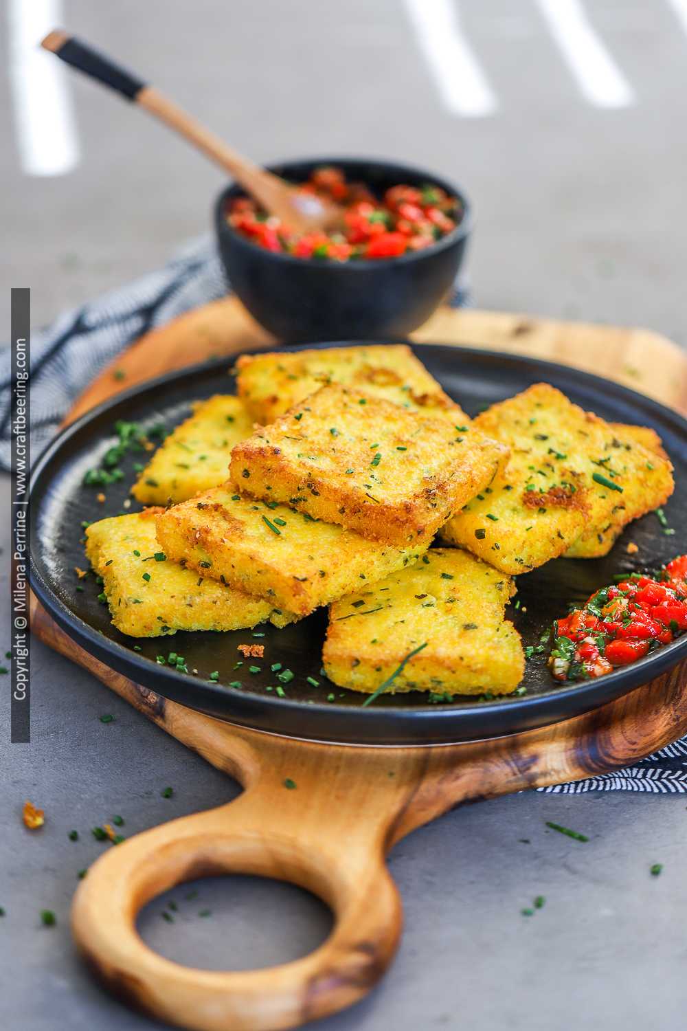 Crispy fried polenta cakes with roasted red pepper relish