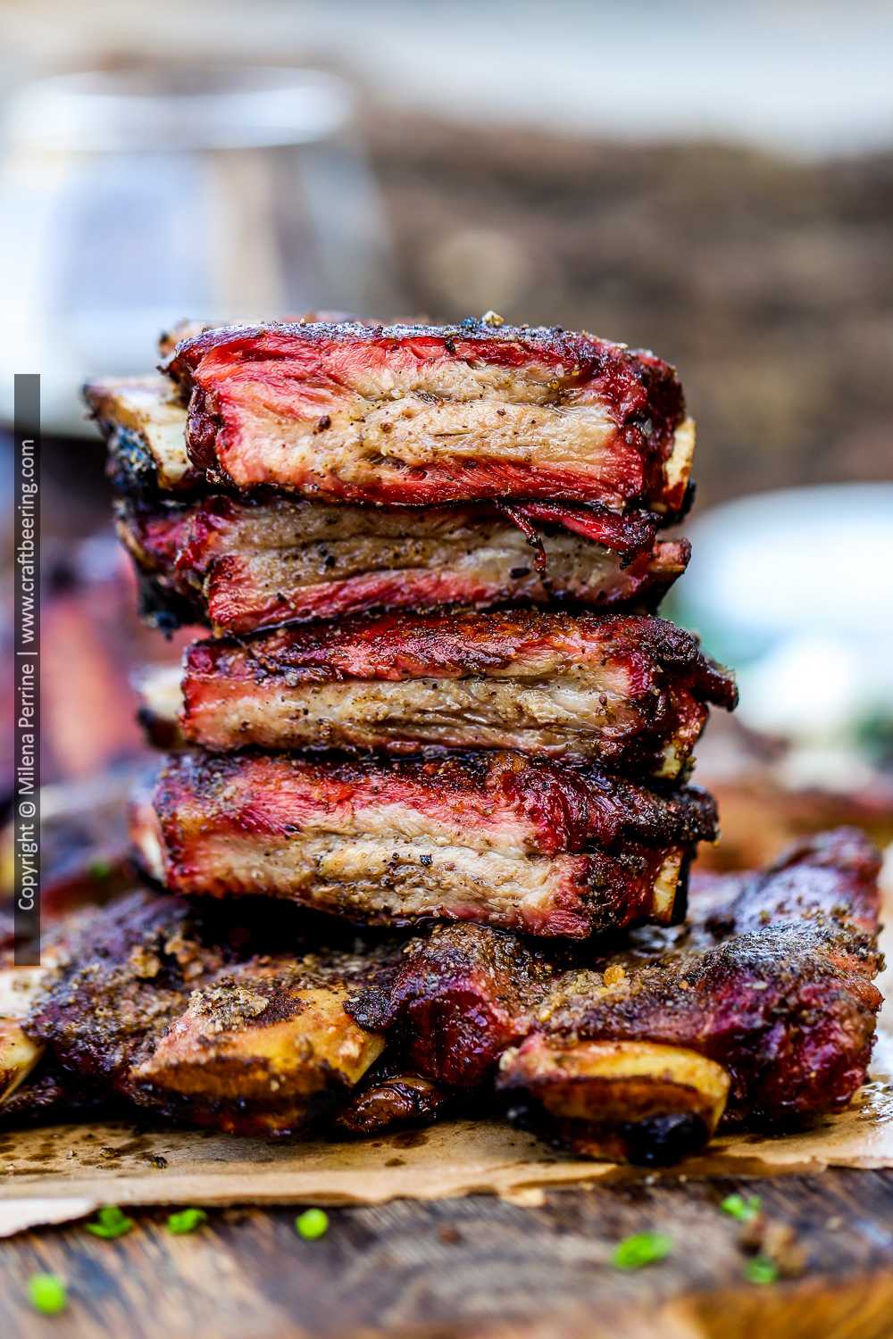 Stacked smoked beef back ribs.