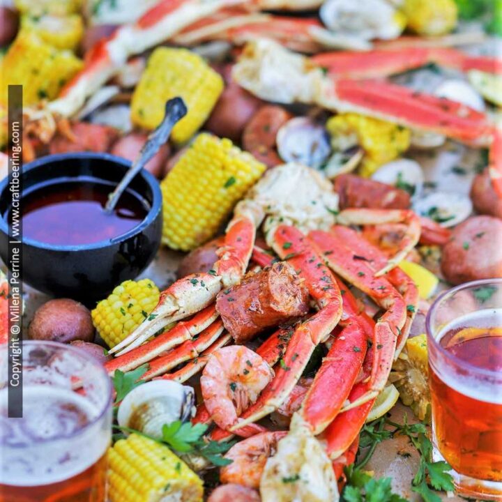 Seafood boil bag. Easy shrimp boil in a bag with crab legs, smoked sausage, lobster tails etc.