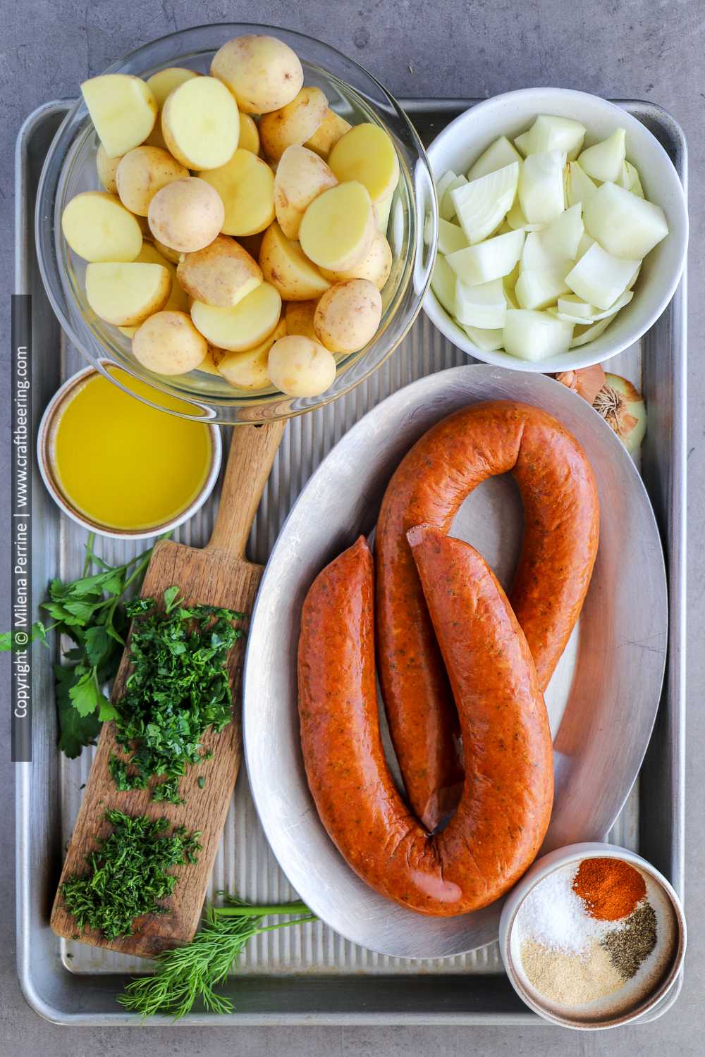 Ingredients for Polska kielbasa sheet pan sausage and potatoes dinner.