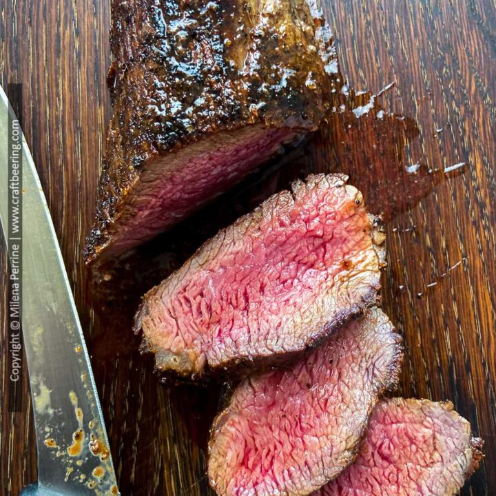Teres major steak cooked medium-rare.