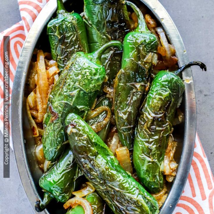 Chiles toreados, blistered chiles with sauted onions and seasonings.