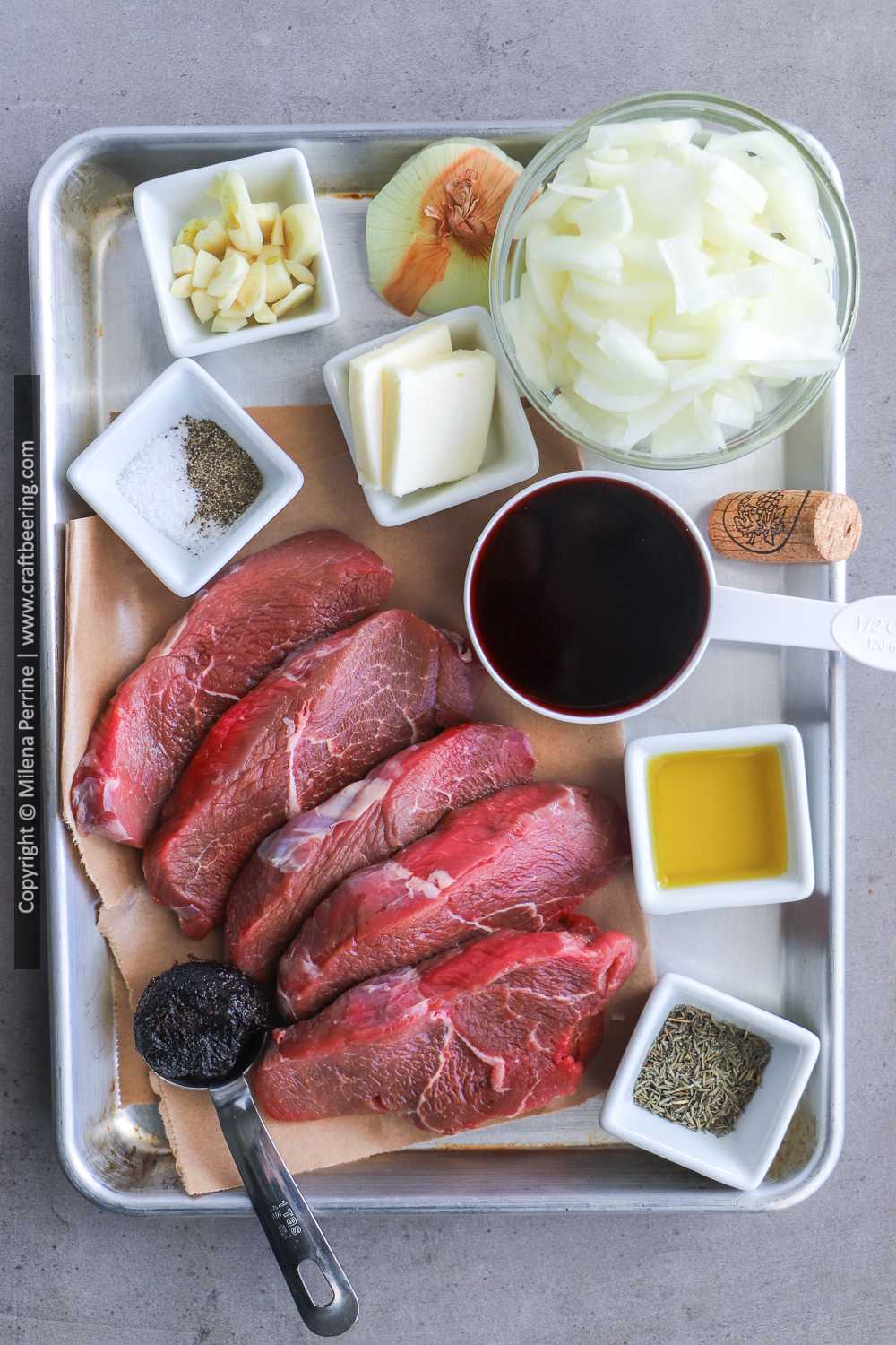 Raw mock tender steaks and braising ingredients. 
