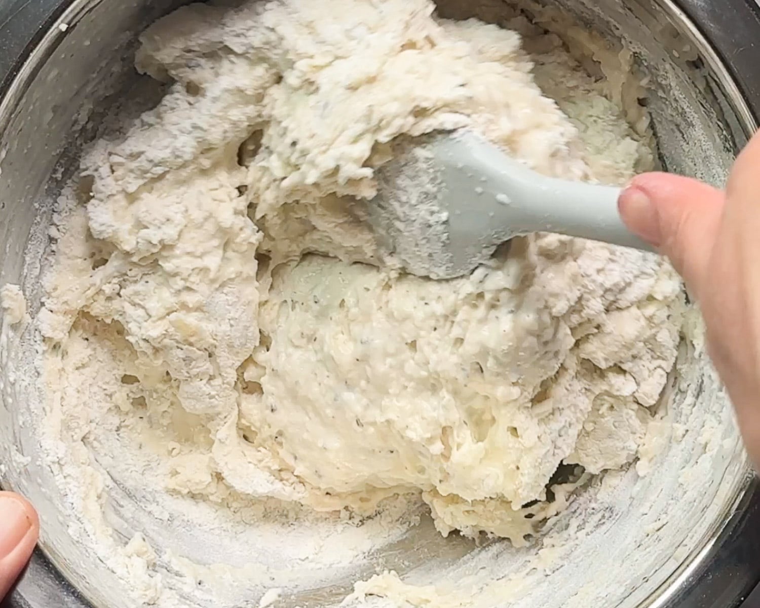 Mix wet and dry ingredients to form a loose batter