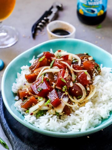 Hawaii poke bowl with tuna ahi poke made with sweet Maui onions and rice.