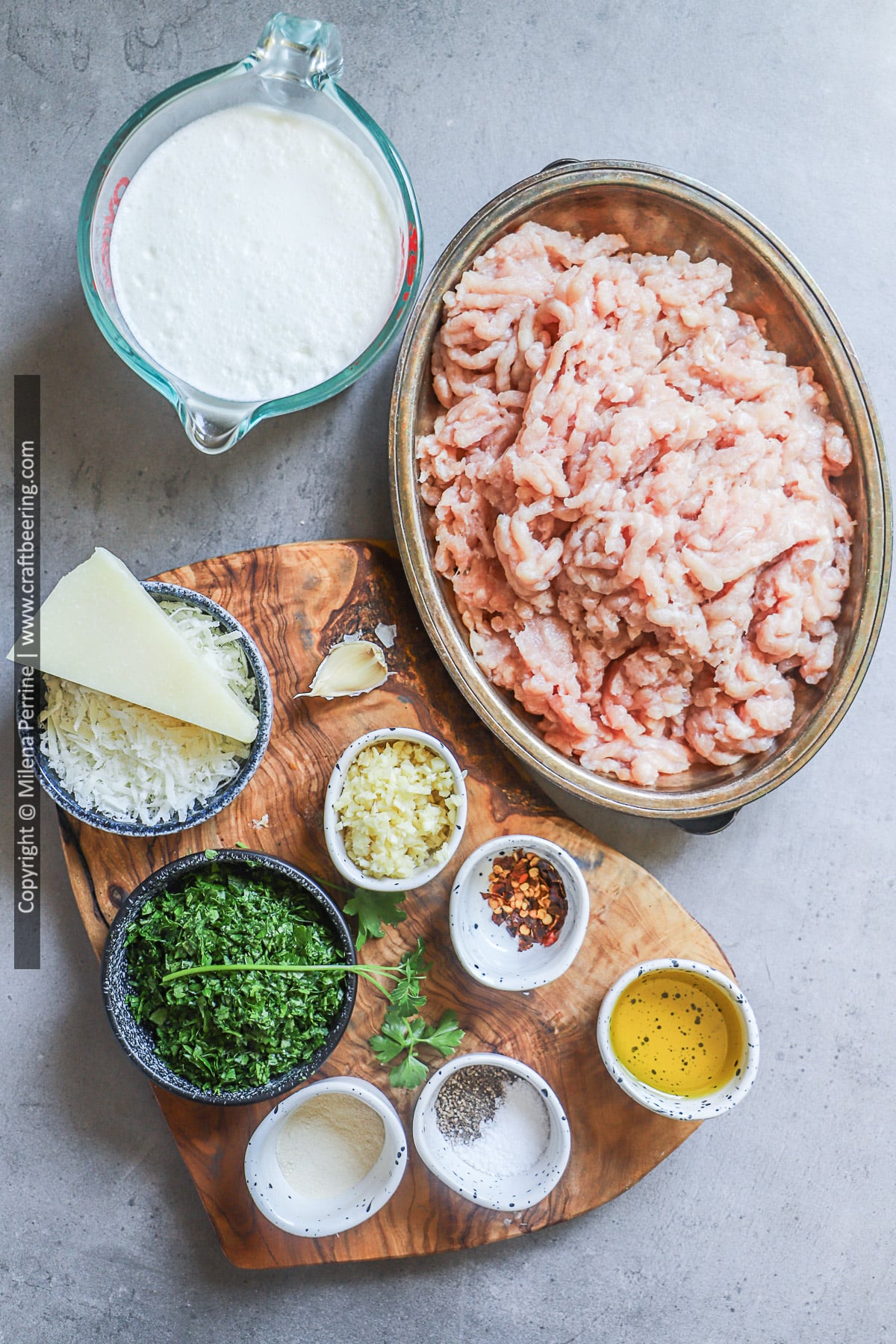 Raw ingredients for creamy ground chicken pasta sauce.
